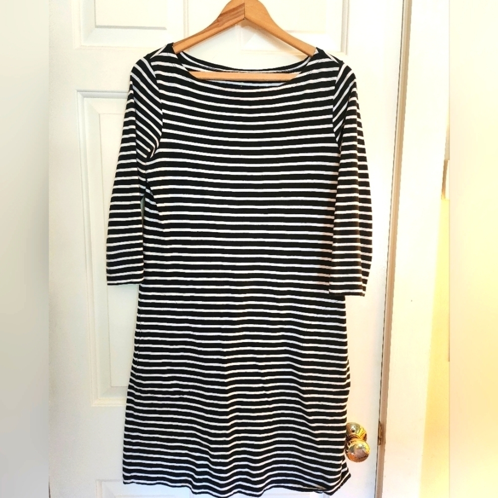 Garnet Hill Knit Cotton Midi Dress Size 4 Navy Nautical White Stripe Beach